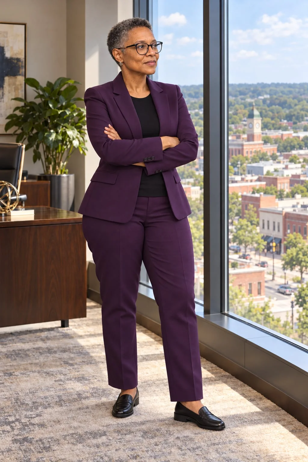Cheryl Tibbs in a purple pantsuit and comfortable black loafers, arms folded beside an office window overlooking a cityscape inspired by Douglasville